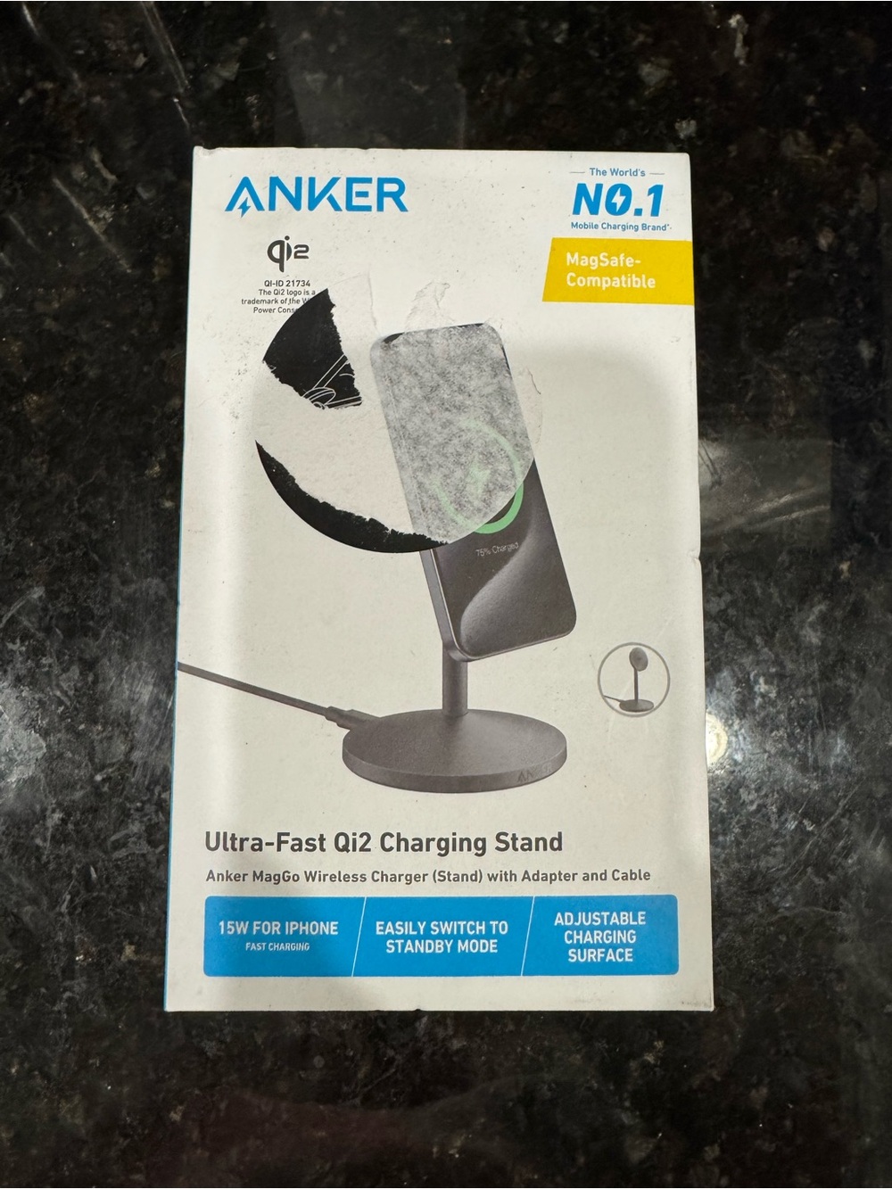 Anker Ultra-Fast Qi2 Charging Stand - Black and White Box